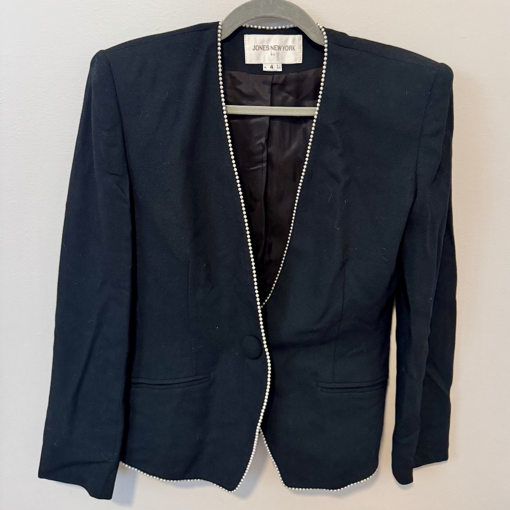 Jones New York Collarless Black Suit Blazer with Pearl Trim, Women's Size 4